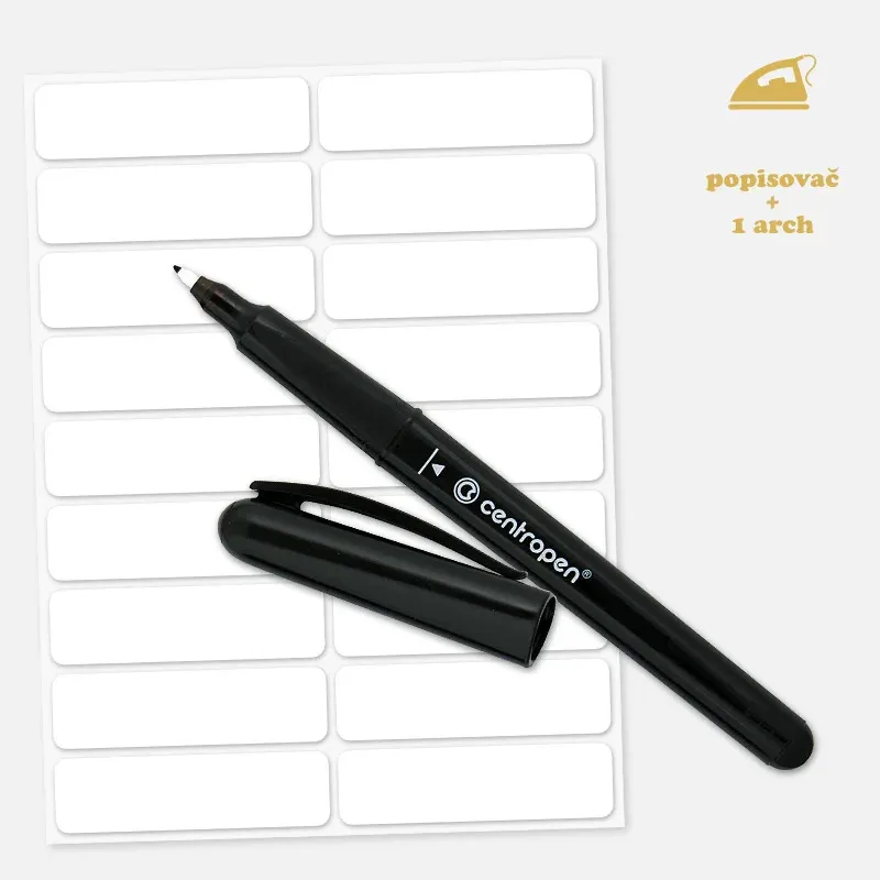 Sada 18 ks nažehlovacích štítků - jmenovek na oblečení a popisovače.