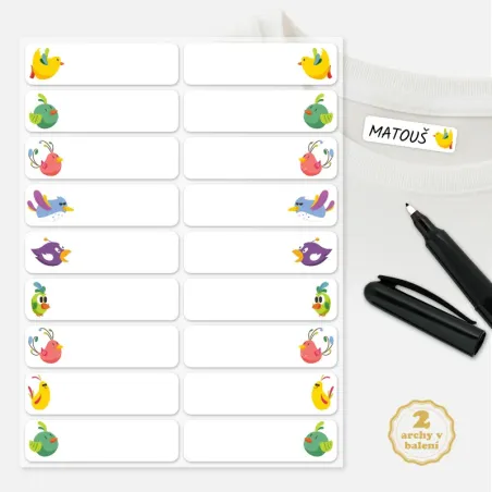 Nažehlovací jmenovky na dětské oblečení s motivem ptáčků.