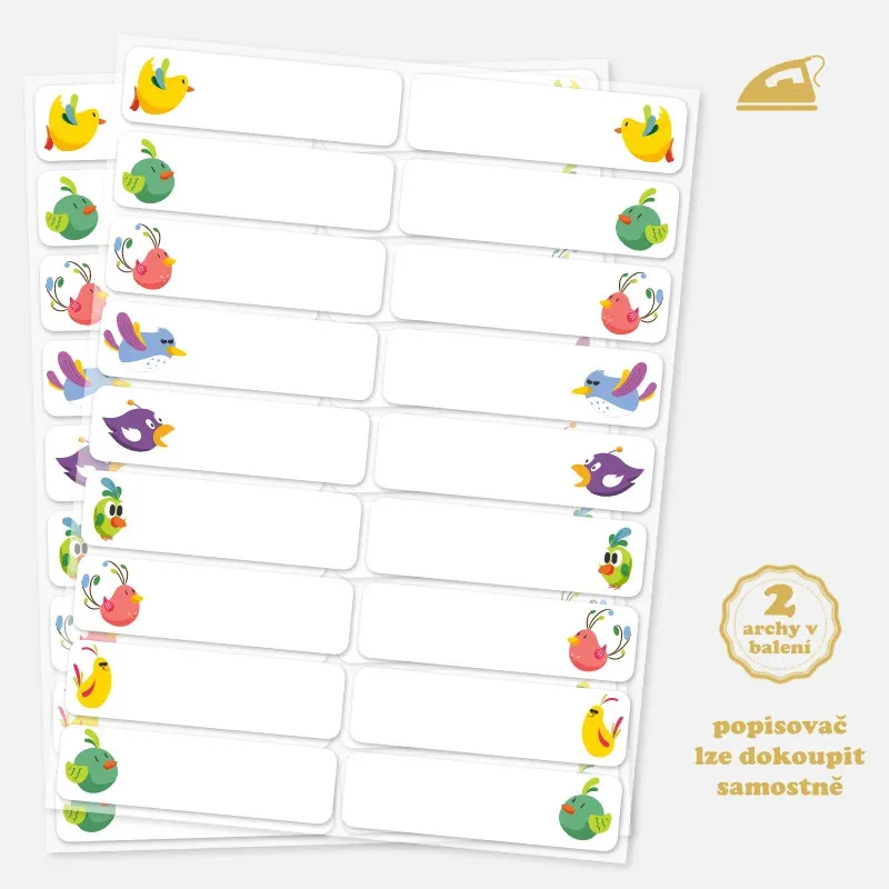 36 ks nažehlovacích popisovatelných štítků - jmenovek pro děti.