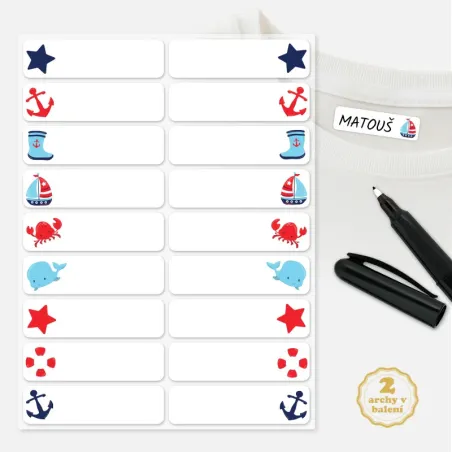 Jmenovky na oblečení - nažehlovací štítky na jména s obrázky ryb, krabů, lodí, holinek, kotev.