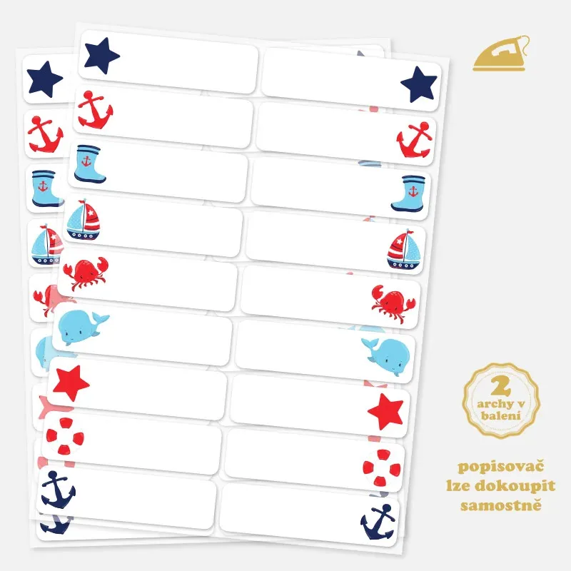 Popisovatelné nažehlovací jmenovky na oblečení Moře.