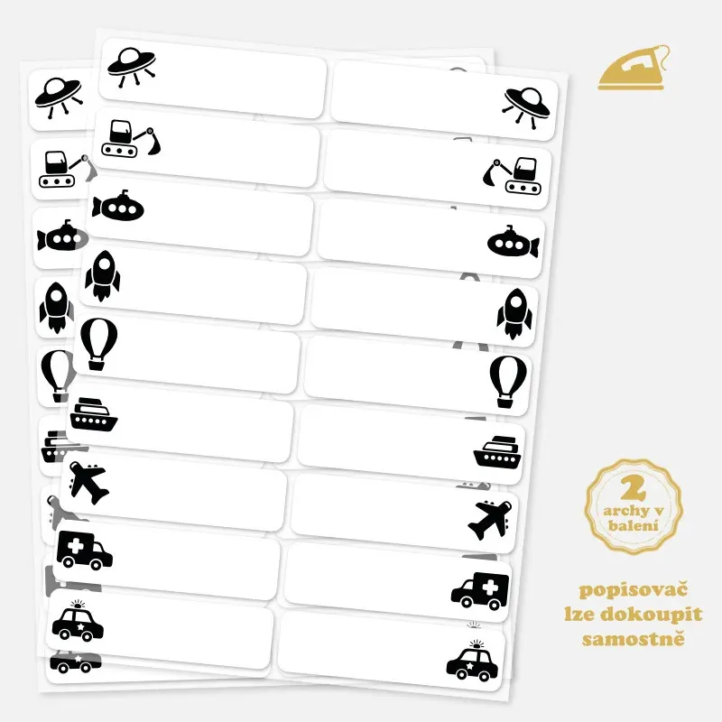 Nažehlovací jmenovky, štítky na oblečení - auta a dopravní stroje.