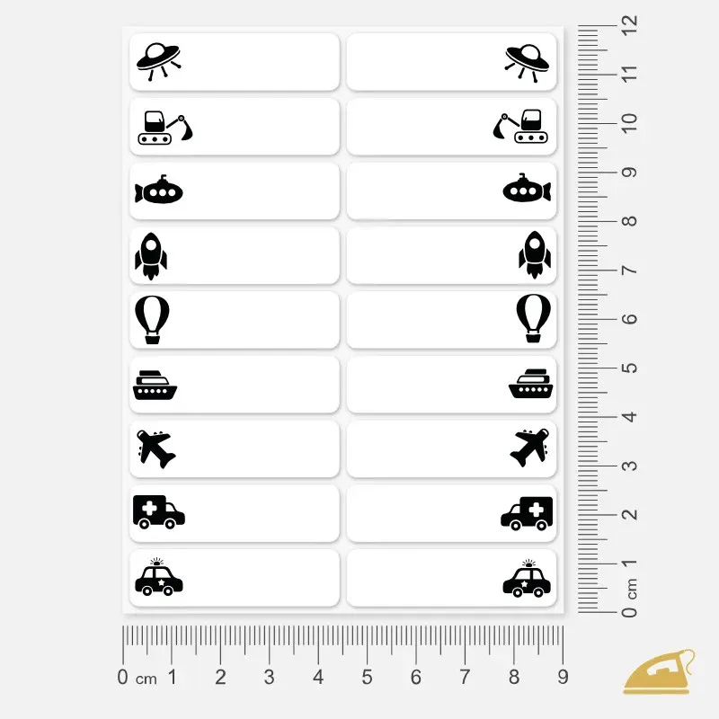 Popisovatelné nažehlovací jmenovky pro chlapce - dopravní prostředky.