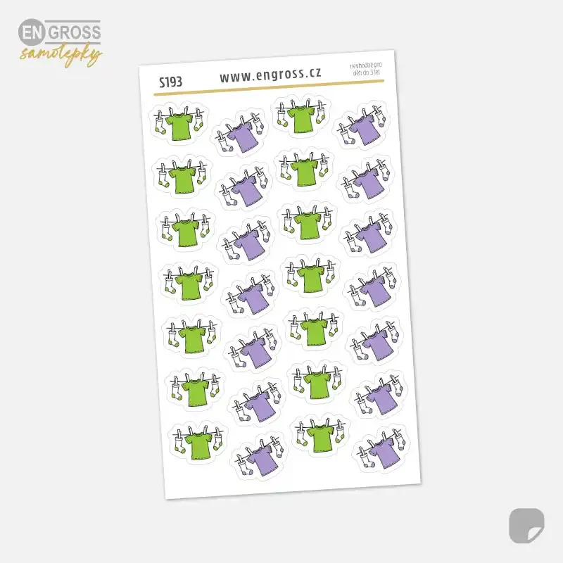 Malé samolepky do diáře Prádlo na šňůře v zelené a levandulové barvě.