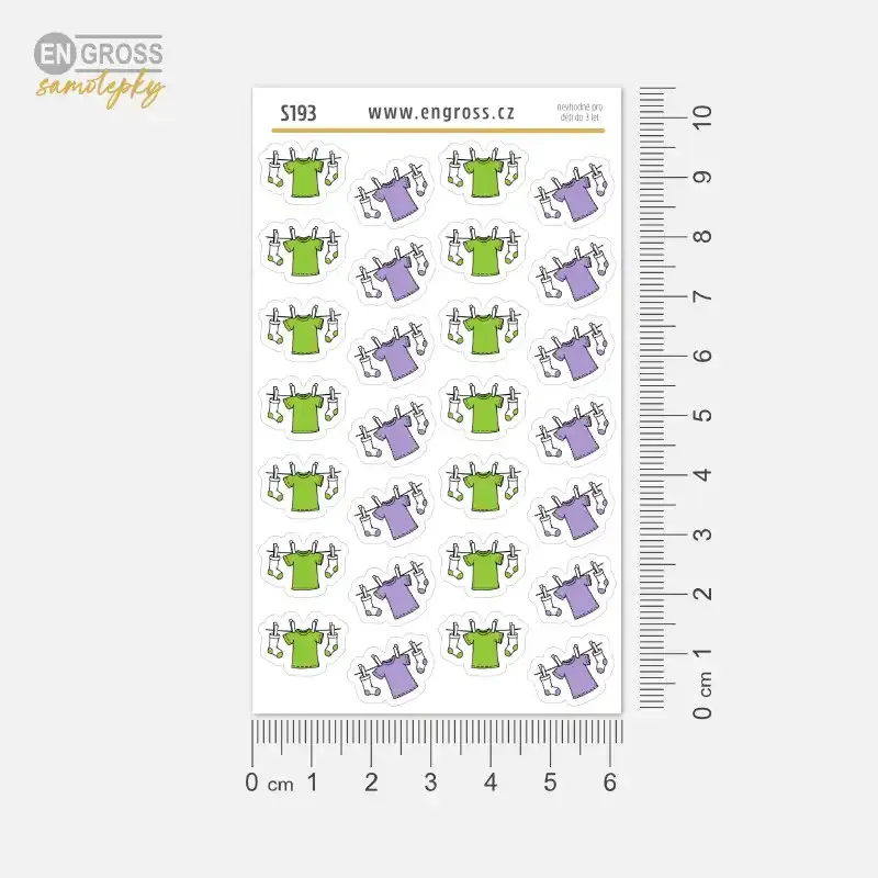 Mini samolepky do diáře praní a sušení prádla v zelené a fialové barvě.