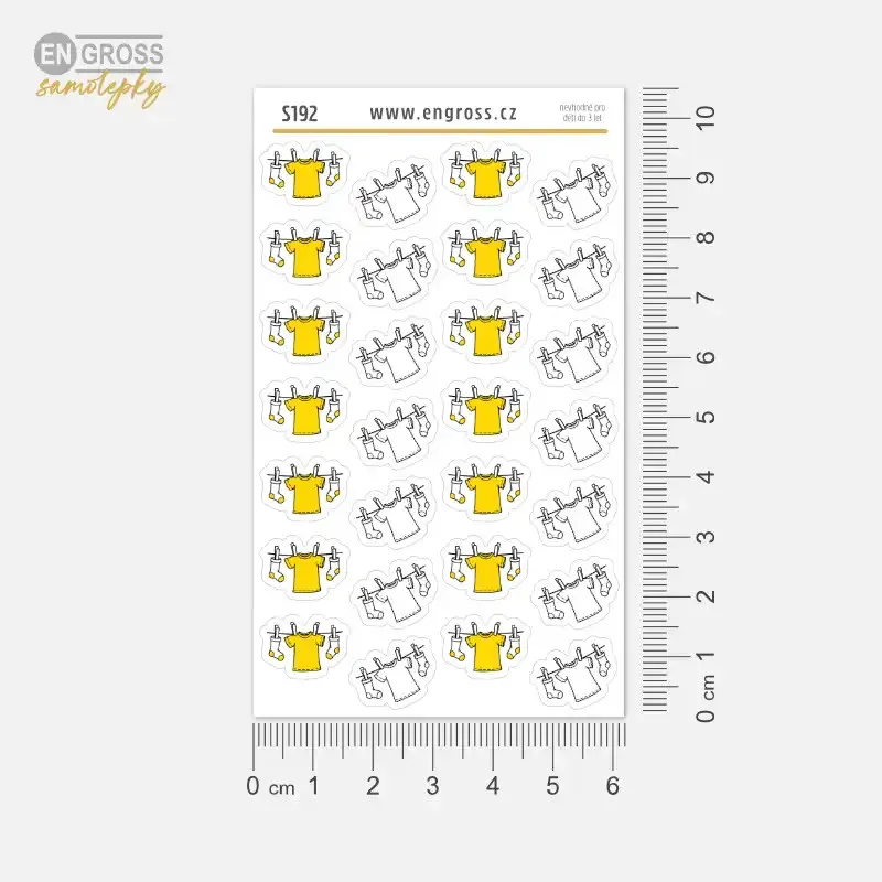 Mini samolepky do diáře praní a sušení prádla ve žluté a černobílé barvě.