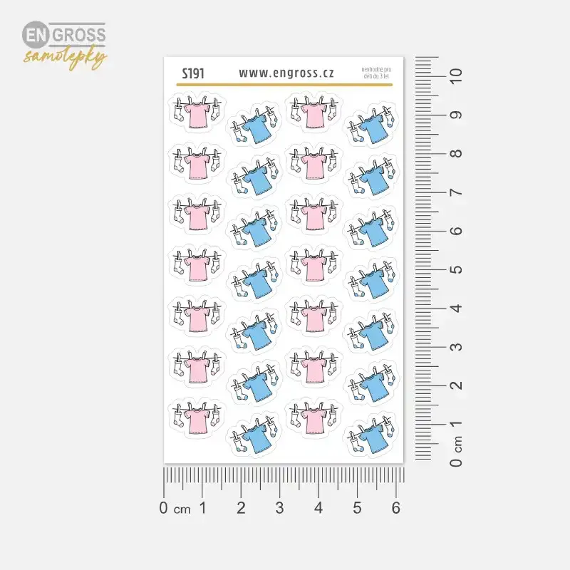 Mini samolepky do diáře praní a sušení prádla v růžové a světle modré barvě.