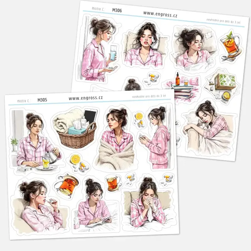 Sada samolepek do diáře s tématikou nachlazení, chřipky, rýmy a kašle.