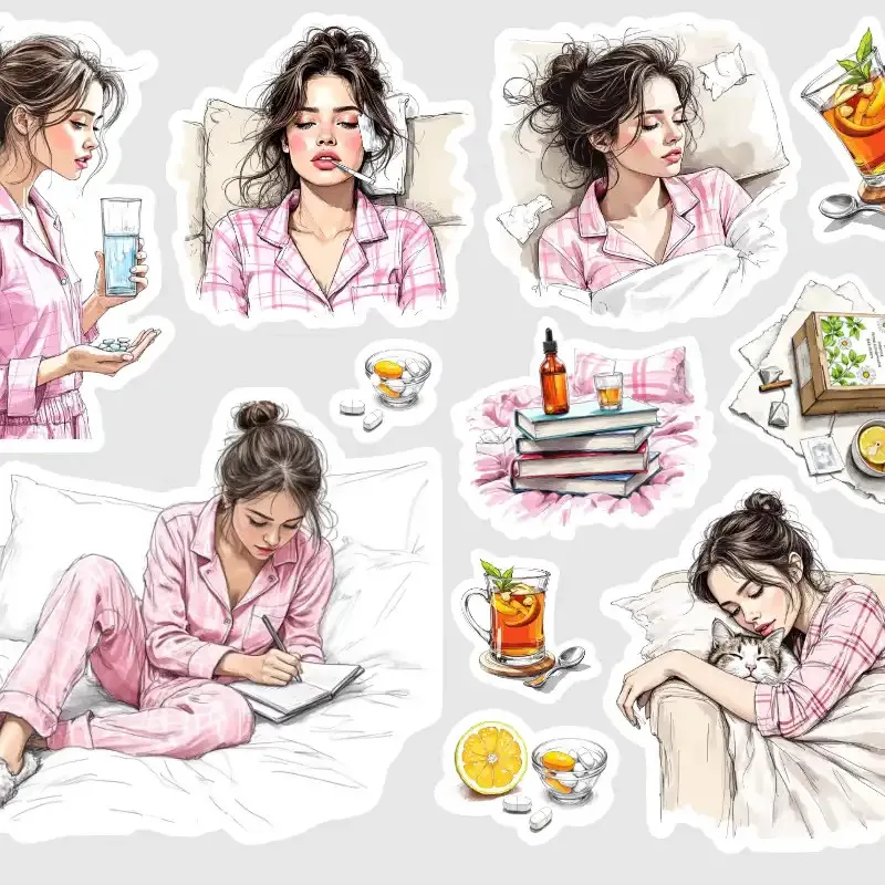 Chřipka, samolepky do diáře a deníku pro dny, kdy trápí rýma, kašel a horečka.