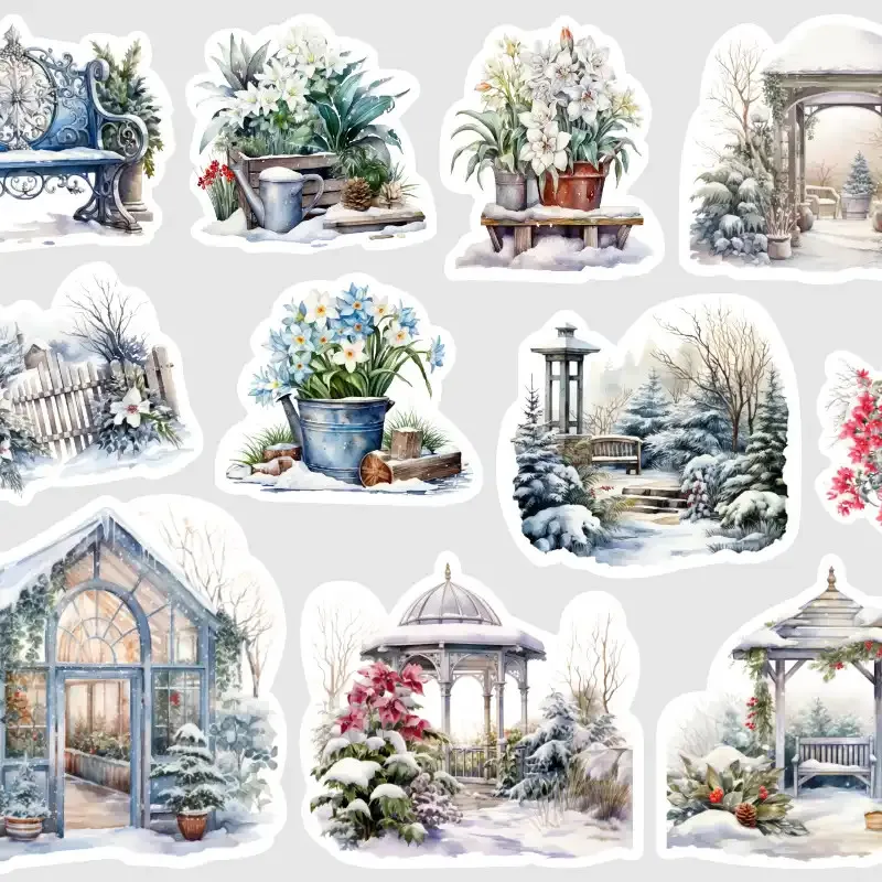 Samolepky se zahradou v zimě, z posledního sněhu již vykukují květy.