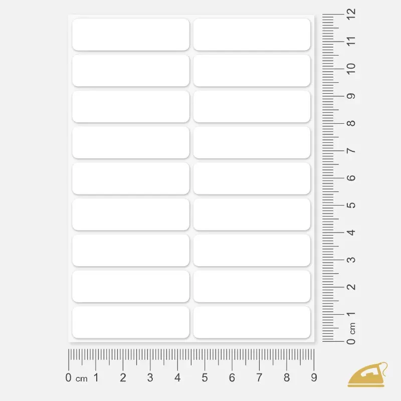 Nažehlovací jmenovky na oděvy, sada 36 ks, bílé, popisovatelné.