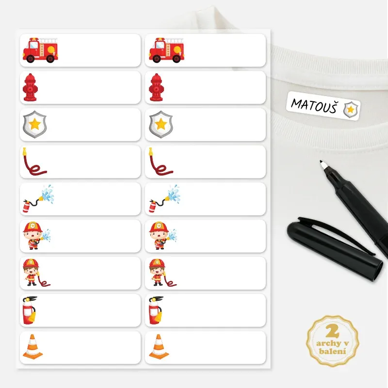 Nažehlovací jmenovky na oblečení s ilustracemi hasičů, popisovatelné.