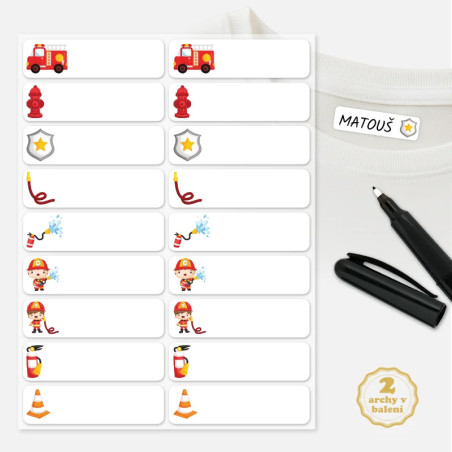 Nažehlovací jmenovky na oblečení s ilustracemi hasičů, popisovatelné.