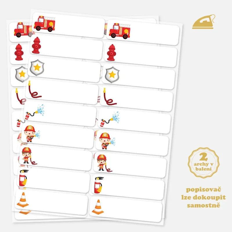 Nažehlovací štítky s obrázky hasičů - popisovatelené jmenovky.