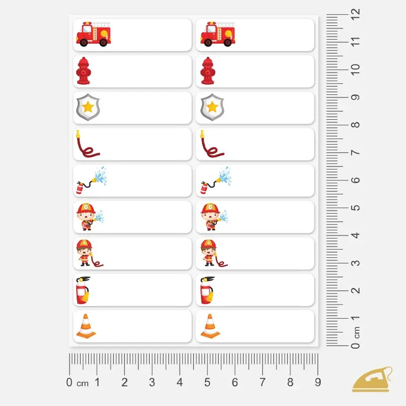 Jmenovky na oblečení pro děti s obrázky hasičů - popisovatelné.
