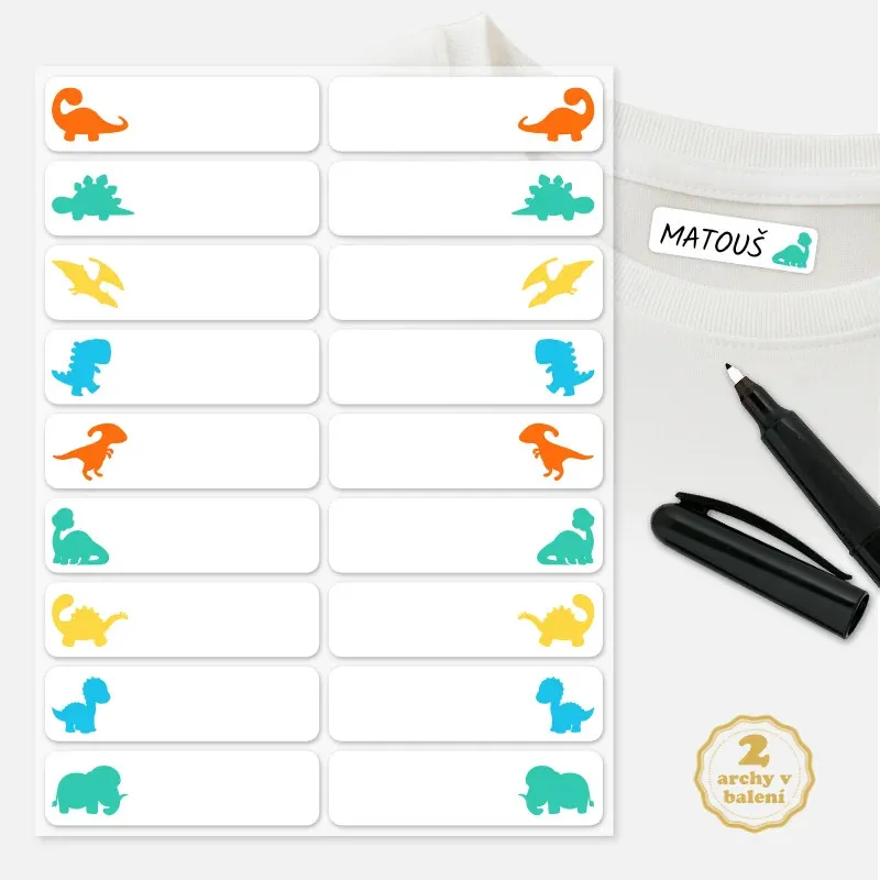 Nažehlovaci jmenovky pro děti - dinosauři. Popisovatelné.