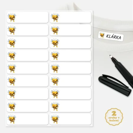 Jmenovky na dětské oblečení s obrázkem včely - nažehlovací, popisovatelné.