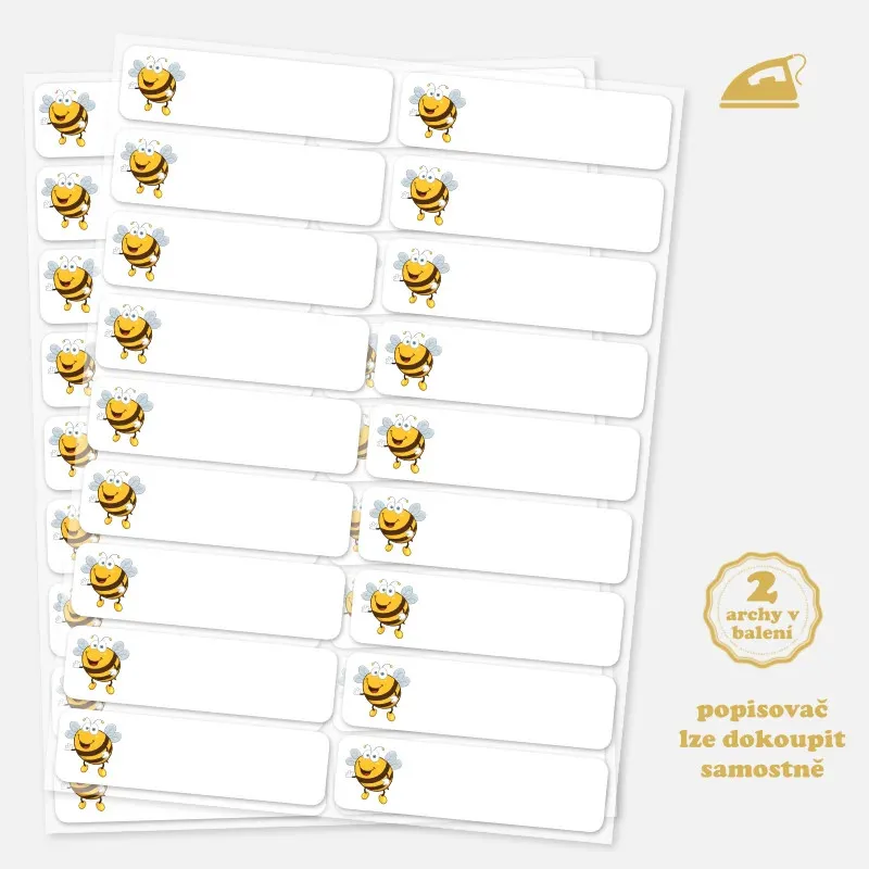 Štítky na jméno na oblečení s obrázkem včely - nažehlovací, popisovací.