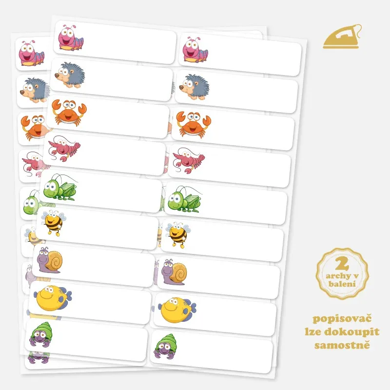 Dětské popisovatelné jmenovky na oblečení se zvířátky.