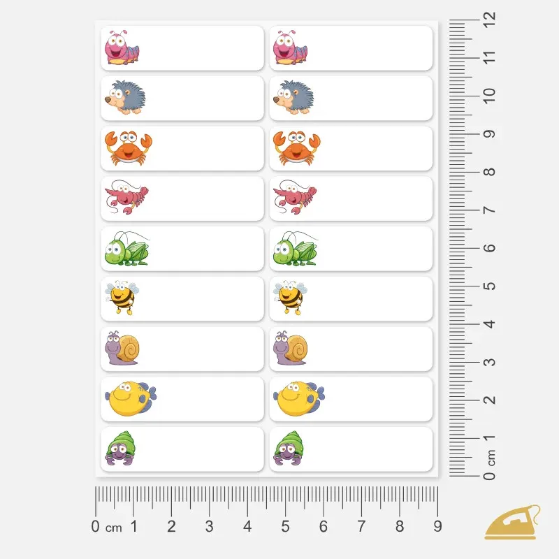Nažehlovací dětské popisovatelné jmenovky s obrázky zvířátek.