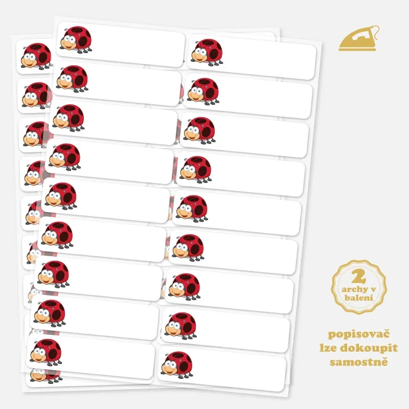 Nažehlovací popisovatelné štítky na jména na oblečení do školky s obrázkem berušky.