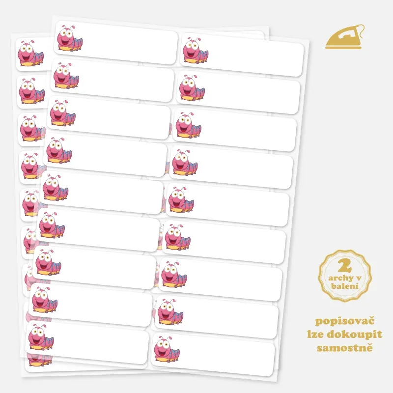 Nažehlovací popisovatelné jmenovky pro kluky i holčičky s motivem housenky.