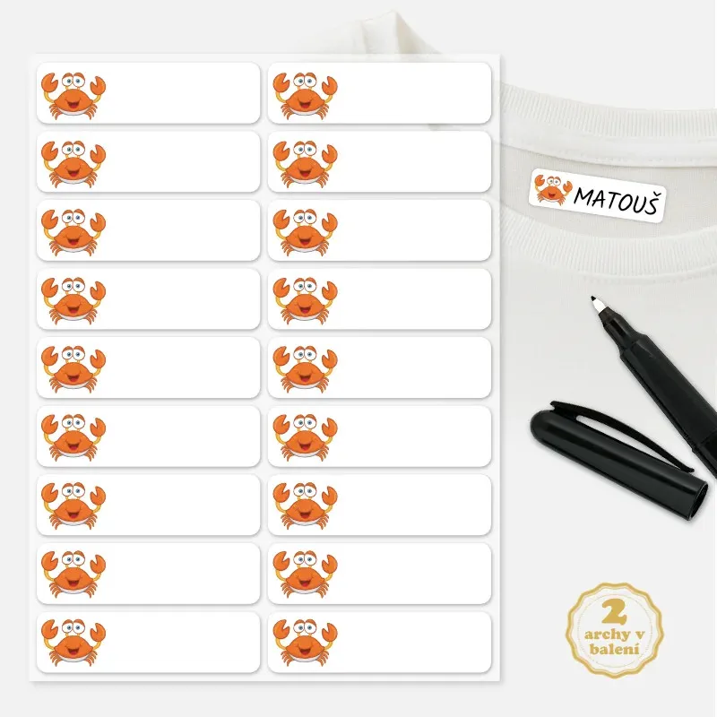 Nažehlovací štítky na jména pro děti s motivem veselého kraba.
