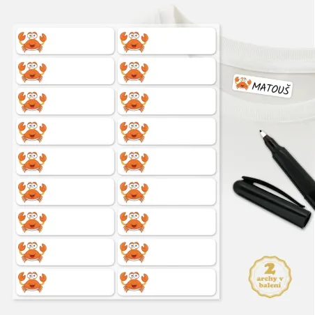 Nažehlovací štítky na jména pro děti s motivem veselého kraba.