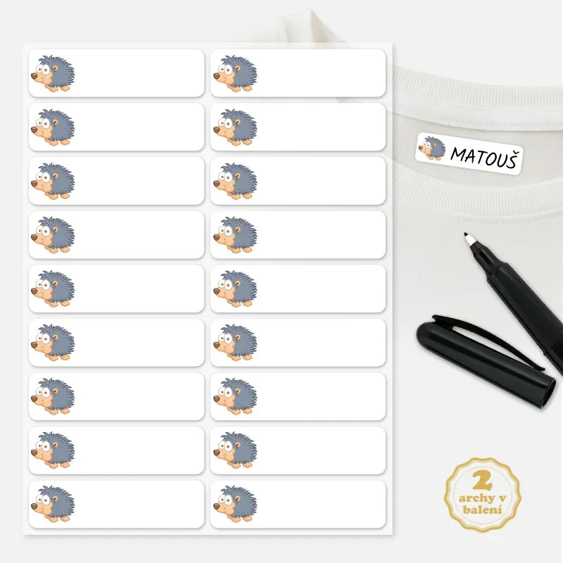 Nažehlovací popisovatelé štítky na jména pro děti s obrázkem ježka.