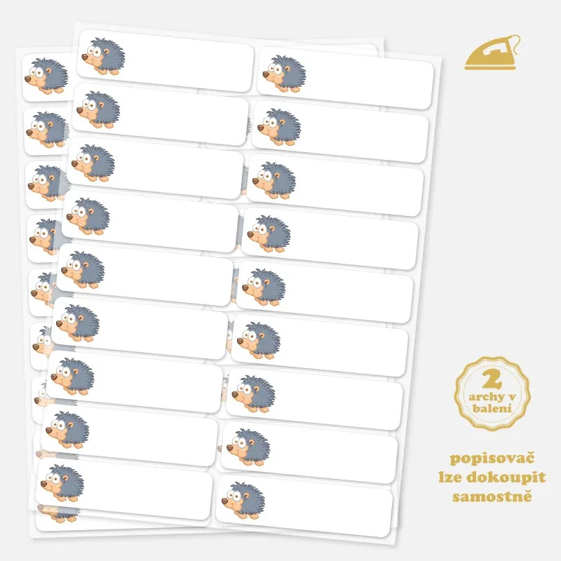 Jmenovky do školky s obrázkem ježka - nažehlovací, popisovatelné.