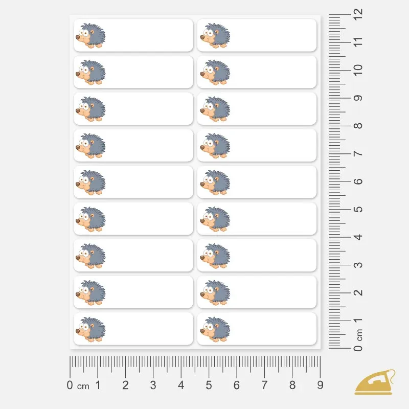 36 nažehlovacích jmenovek na oblečení pro školkové děti s ježkem.