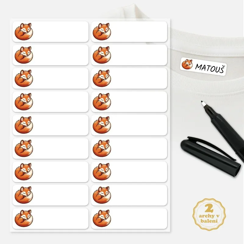 Jmenovky na dětské oblečení s obrázkem lišky - nažehlovací a popisovatelné.