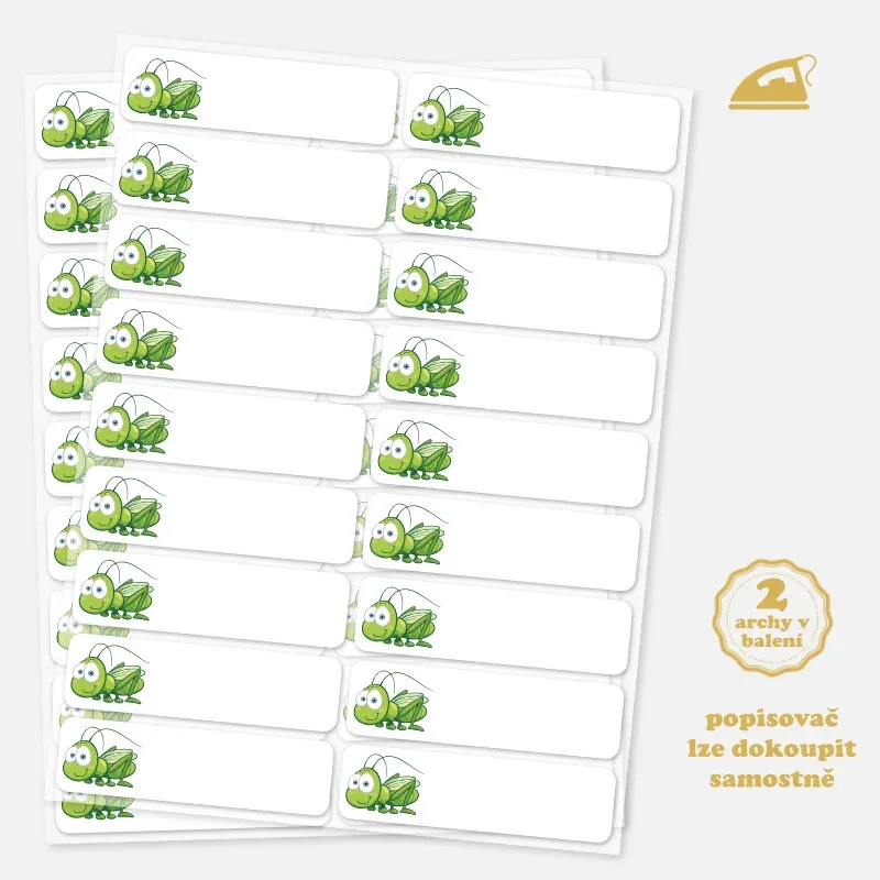 Nažehlovací jmenovky pro děti s obrázkem veselé luční kobylky.