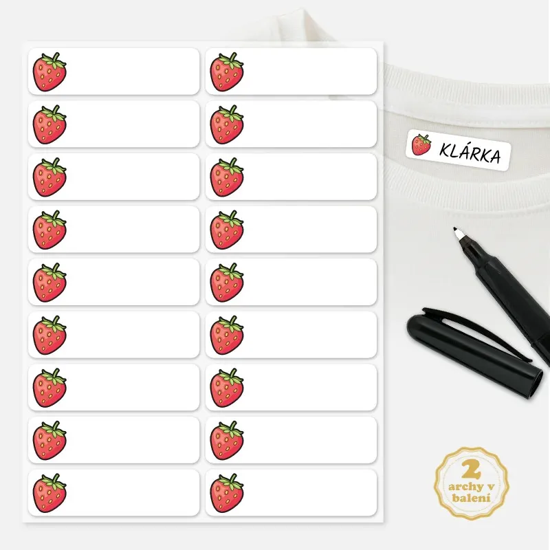 Nažehlovací štítky na dětská jména na oblečení do školky s obrázkem jahody.