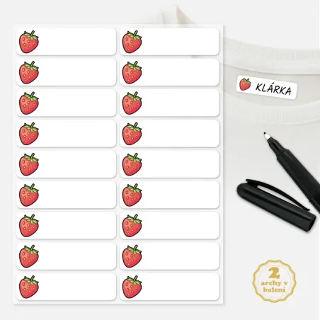 Nažehlovací štítky na dětská jména na oblečení do školky s obrázkem jahody.