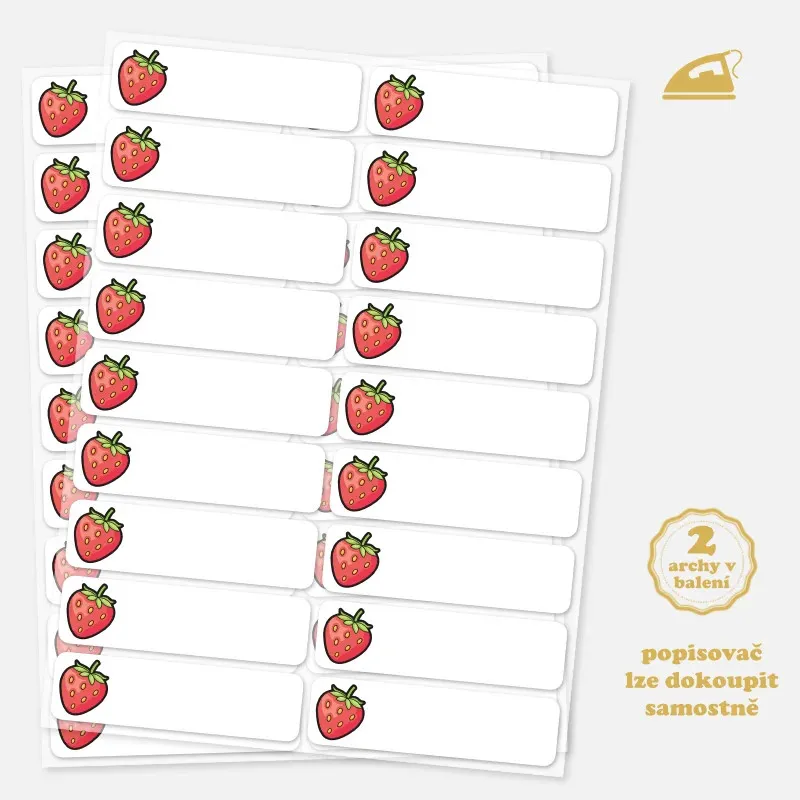 Dětské jmenovky do školky s obrázkem jahody - nažehlovací a popisovatelné.