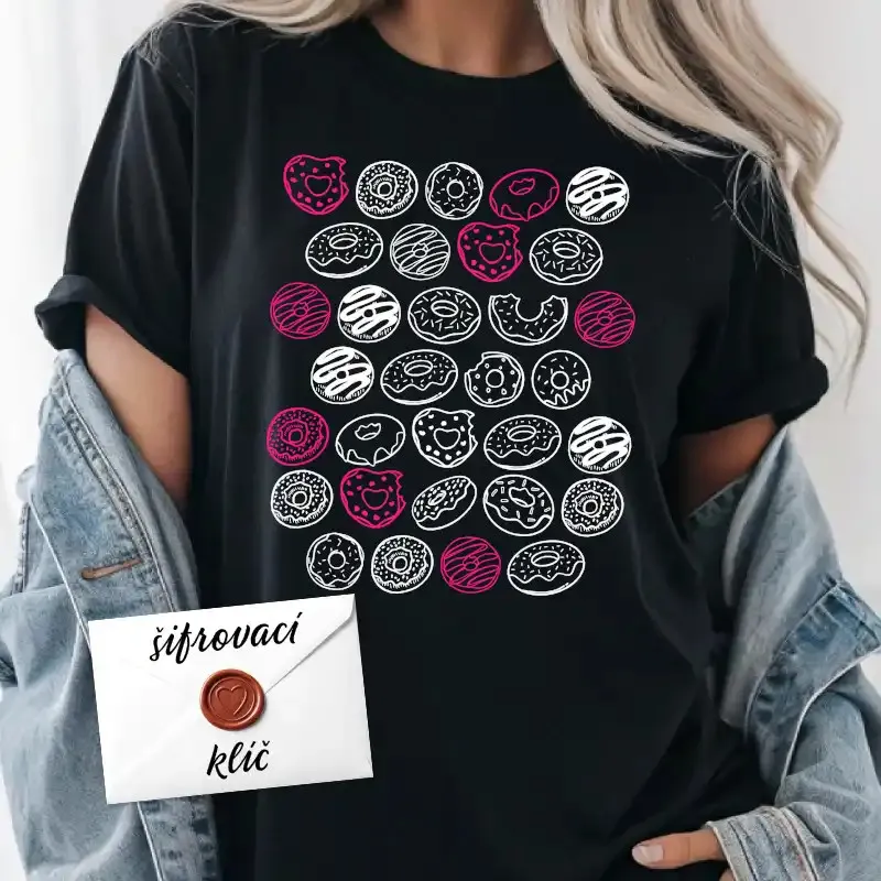Dárkové tričko se šifrovaným vzkazem, motiv donuty.