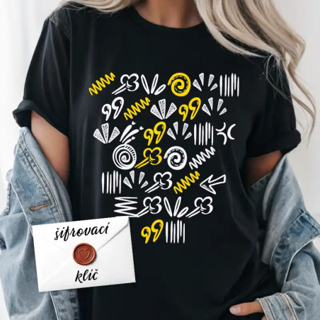 Tričko se šifrovaným vzkazem na přání zákazníka.