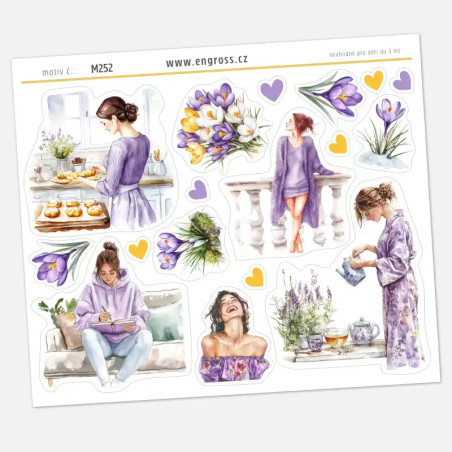 Jarní samolepky do diáře s kvetoucími krokusy a ženami v pastelově fialové.
