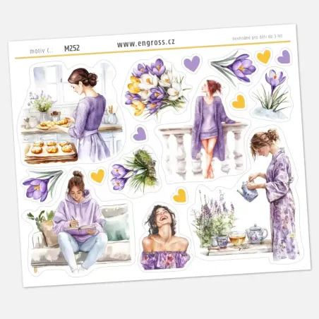 Jarní samolepky do diáře s kvetoucími krokusy a ženami v pastelově fialové.