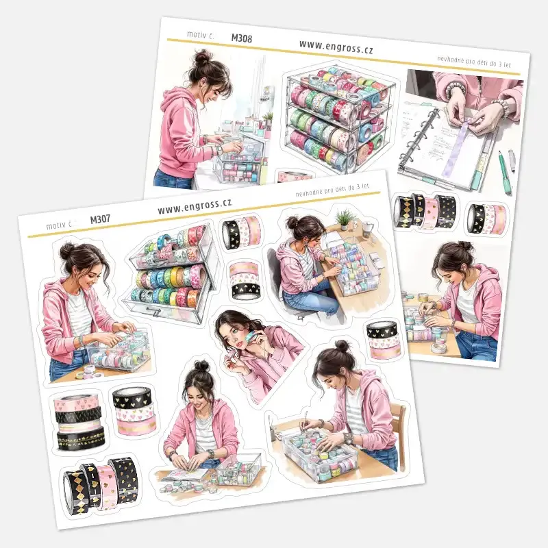 Sada samolepek do diáře - sbírka washi pásek a její třídění.