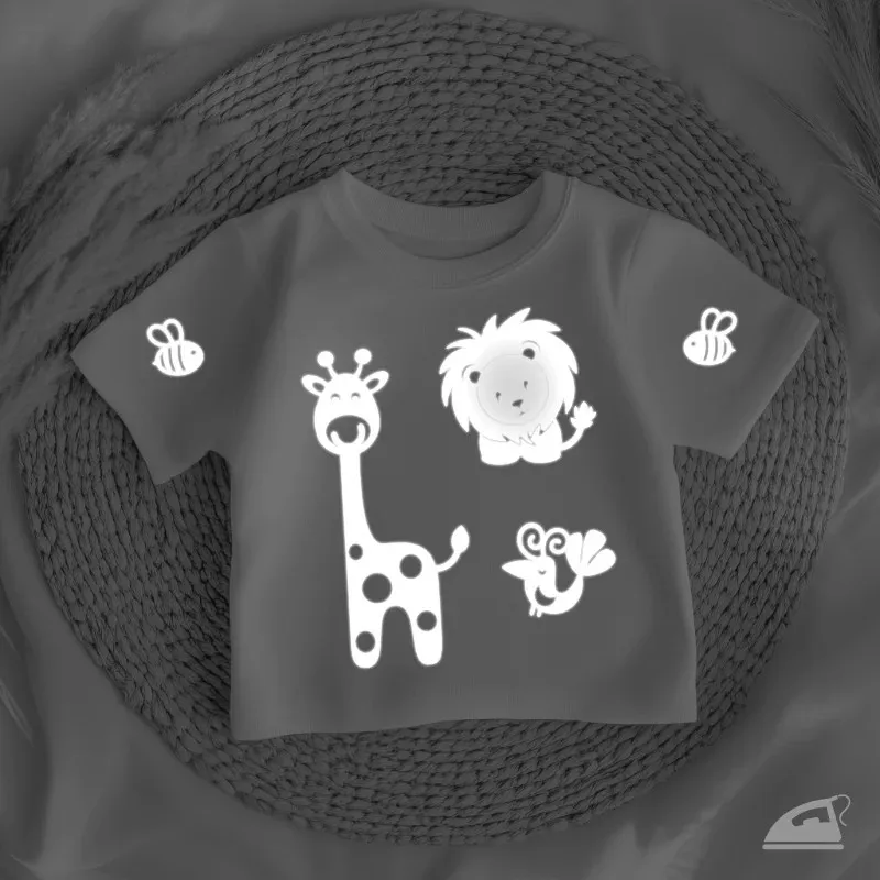 Reflexní nažehlovací obrázky Zvířátka - roztomilá žirafa, lev, včela a pták.