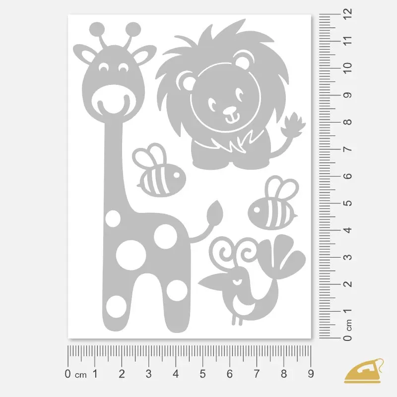 Zvířecí kamarádi - žirafa, lev, včelka a pták, reflexní nažehlovačky pro děti.