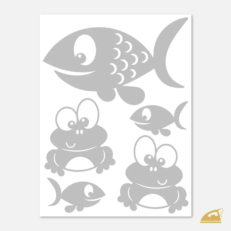 Reflexní nažehlovací obrázky na dětské oblečení - žáby a ryby.