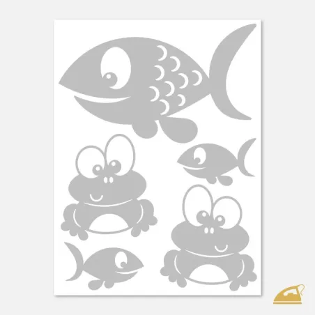 Reflexní nažehlovací obrázky na dětské oblečení - žáby a ryby.