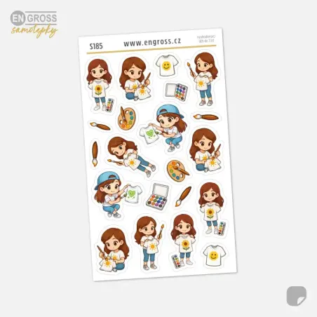 Samolepky do diáře s malířkou brunetkou, která maluje na tričko.