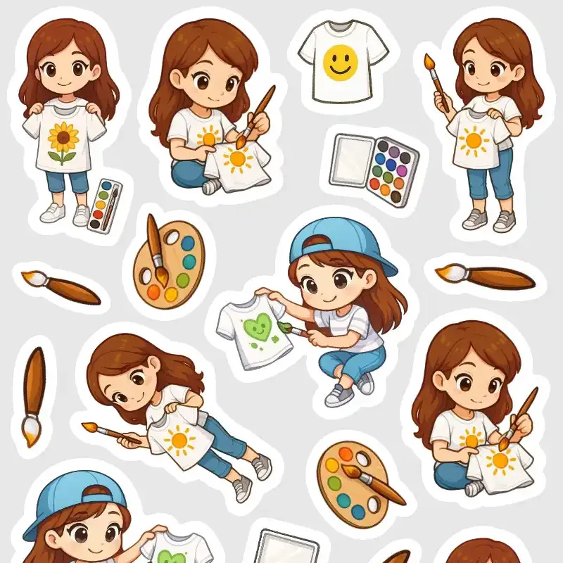 Mini samolepky do diáře, deníku i bulletu - Brunetka maluje na tričko.