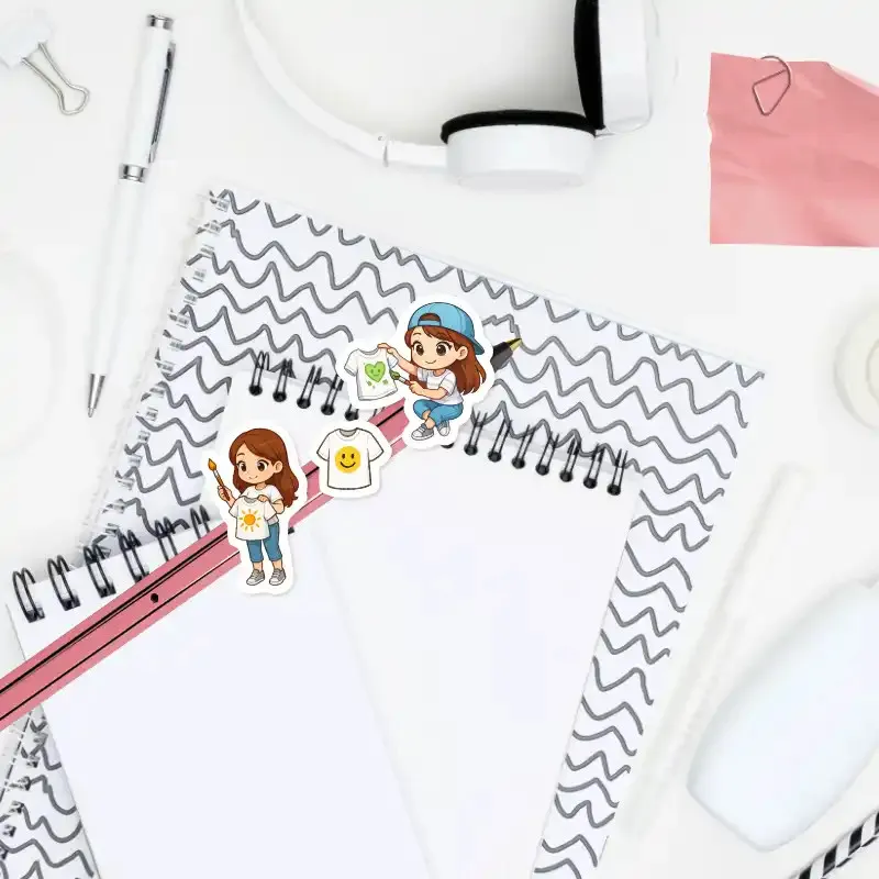 Malé samolepky s brunetkou, jak si maluje tričko, nálepky do diáře i deníku.