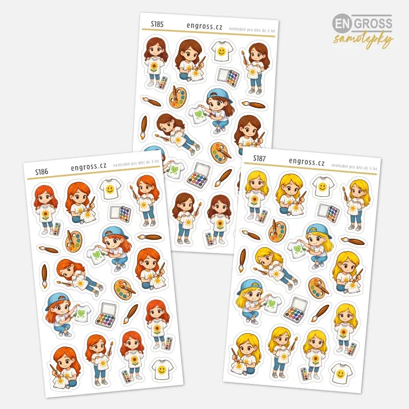 Sada samolepek do diáře s brunetkou, blondýnkou a zrzkou, jak malují na trička.