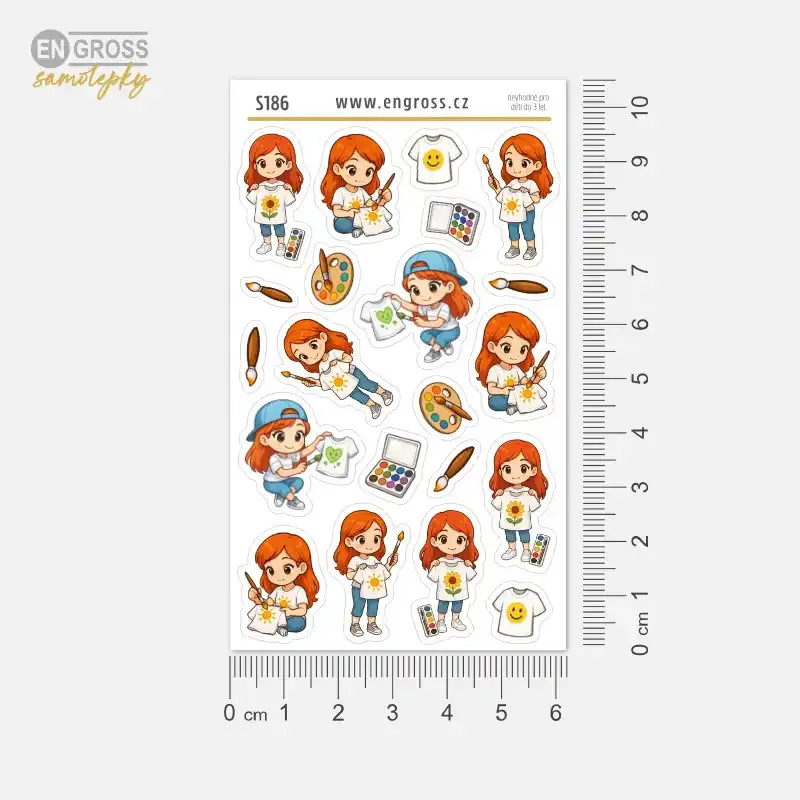 Malé samolepky do diáře a kalendáře - postavička dívky se zrzavými vlasy maluje.